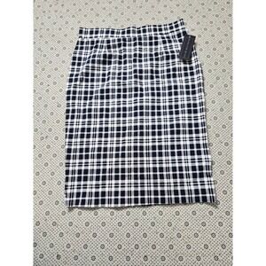 NWT Ashley Blue Plaid Pencil Skirt Black White Checkered Midi Size M